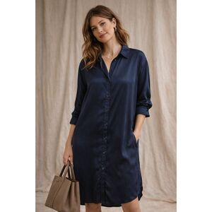 QUINCE Blue Black Button Up Silk Midi Shirt Dress  Women's Size Medium